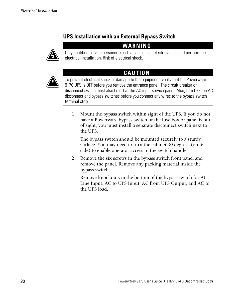 Ups installation with an external bypass switch w | Powerware 9170+ User Manual | Page 34 / 94