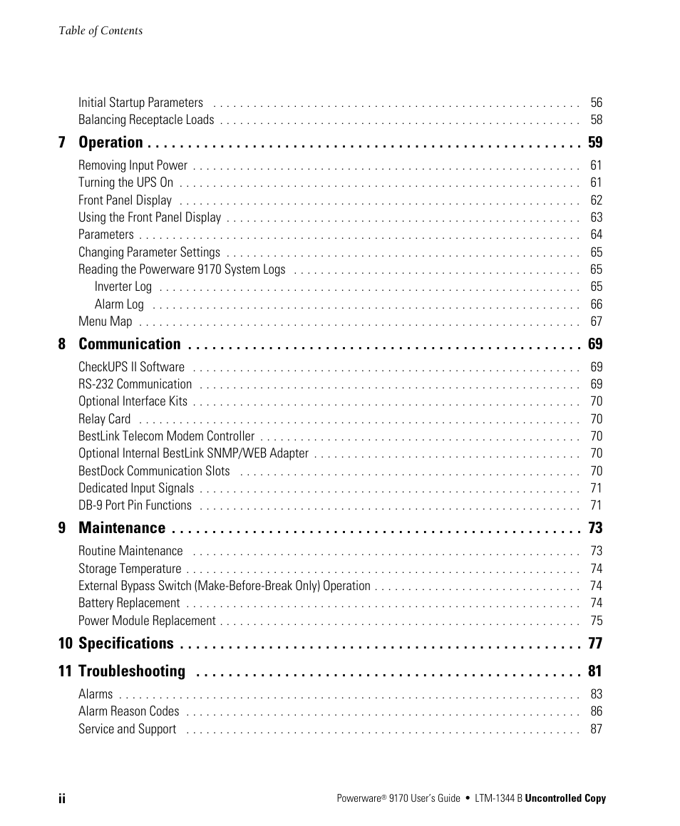 7 operation 59, 8 communication 69, 9 maintenance 73 | Powerware 9170+ User Manual | Page 4 / 94