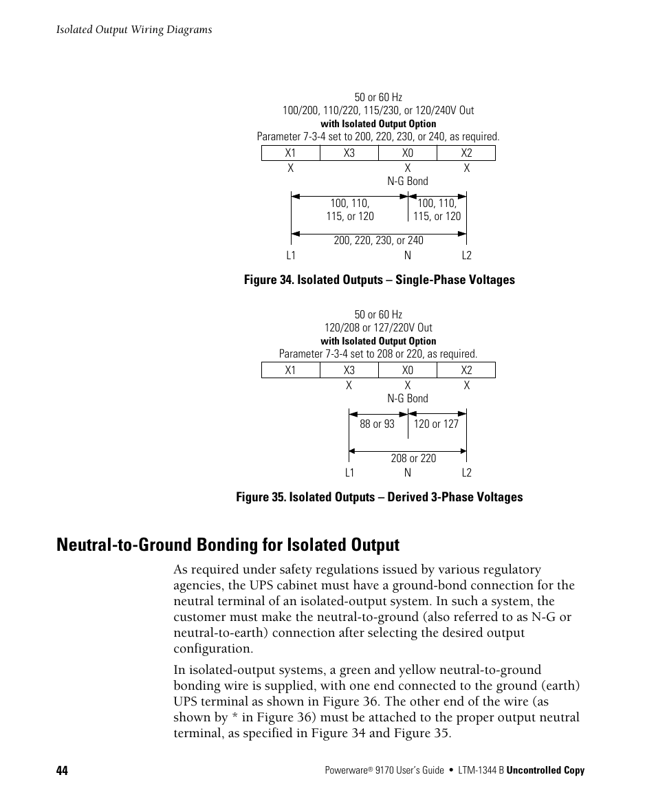 Neutral-to-ground bonding for isolated output | Powerware 9170+ User Manual | Page 48 / 94