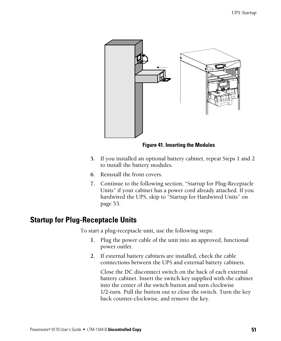 Startup for plug-receptacle units | Powerware 9170+ User Manual | Page 55 / 94