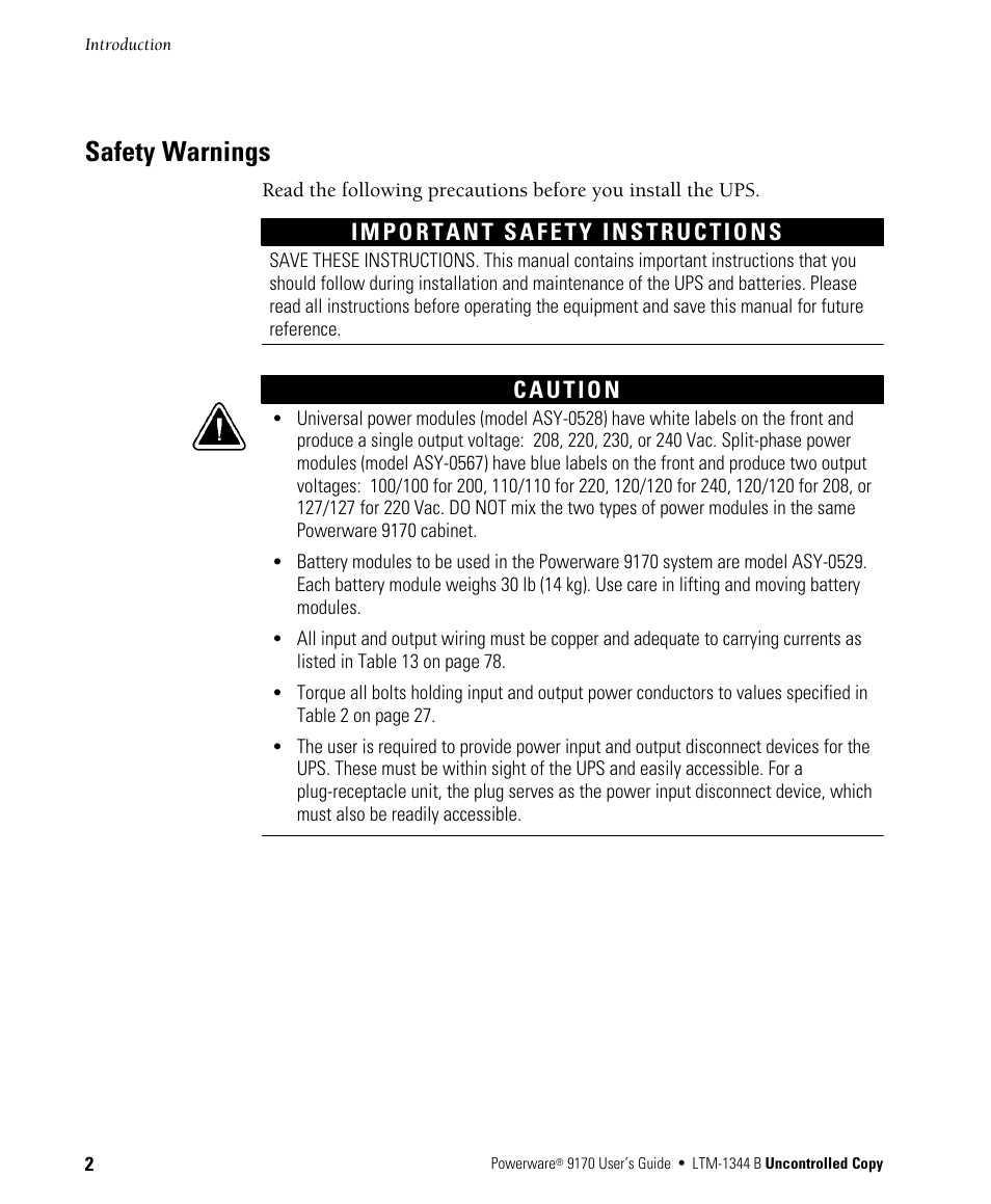 Safety warnings | Powerware 9170+ User Manual | Page 6 / 94