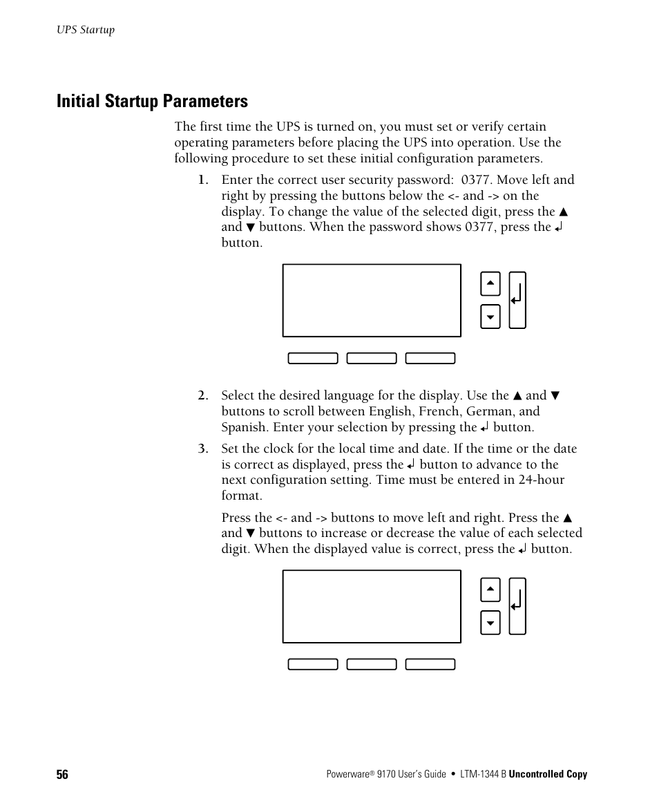 Initial startup parameters | Powerware 9170+ User Manual | Page 60 / 94