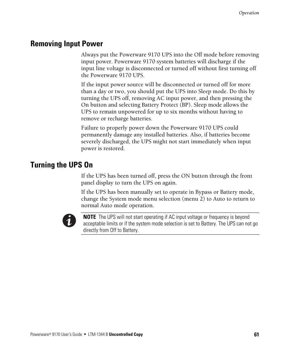 Removing input power, Turning the ups on | Powerware 9170+ User Manual | Page 65 / 94