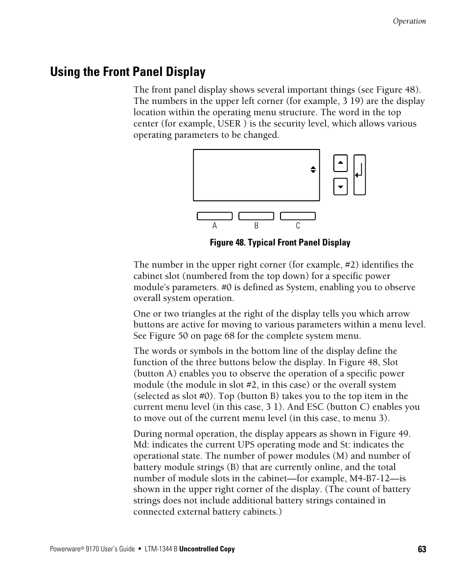 Using the front panel display | Powerware 9170+ User Manual | Page 67 / 94