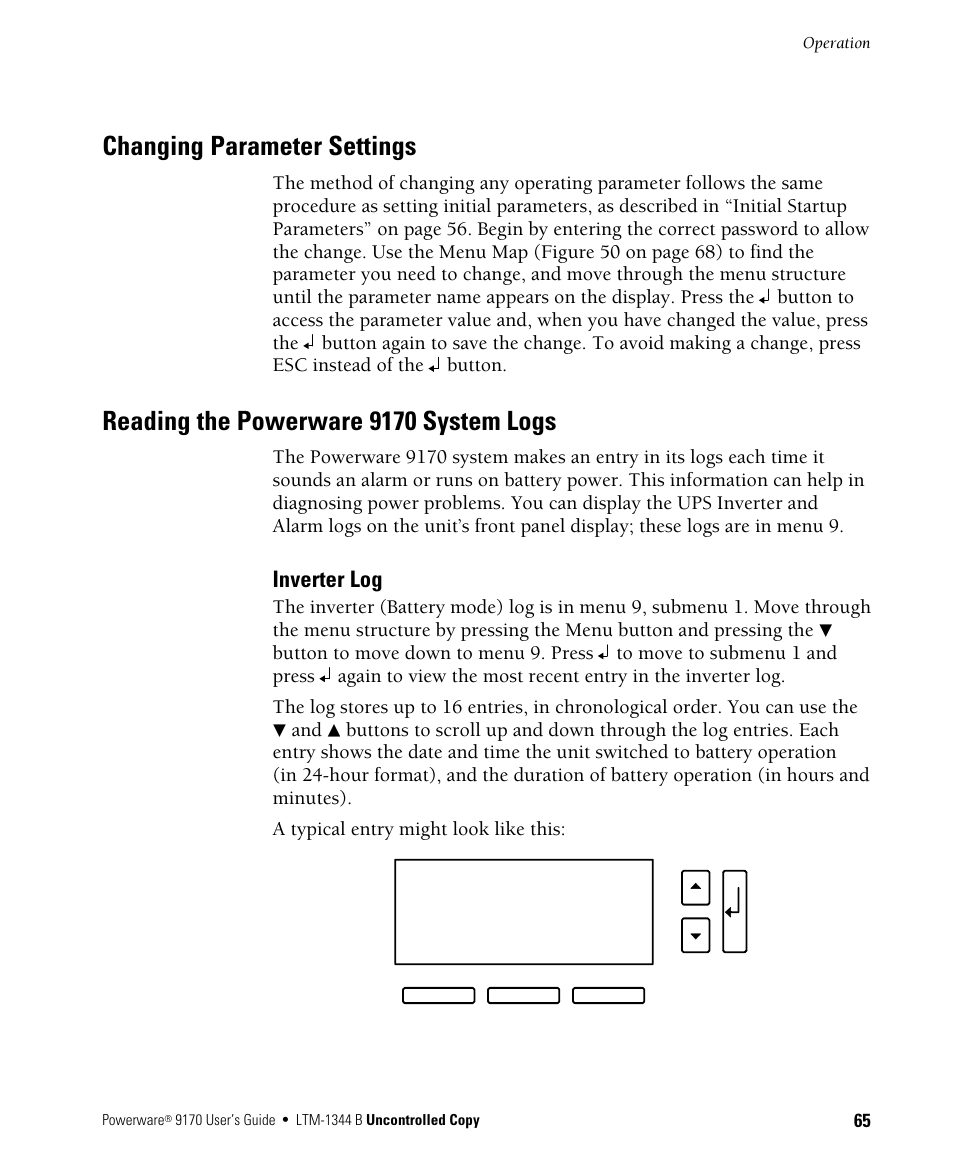 Changing parameter settings, Reading the powerware 9170 system logs, Inverter log | Powerware 9170+ User Manual | Page 69 / 94