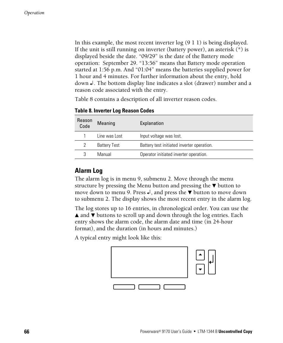 Alarm log | Powerware 9170+ User Manual | Page 70 / 94