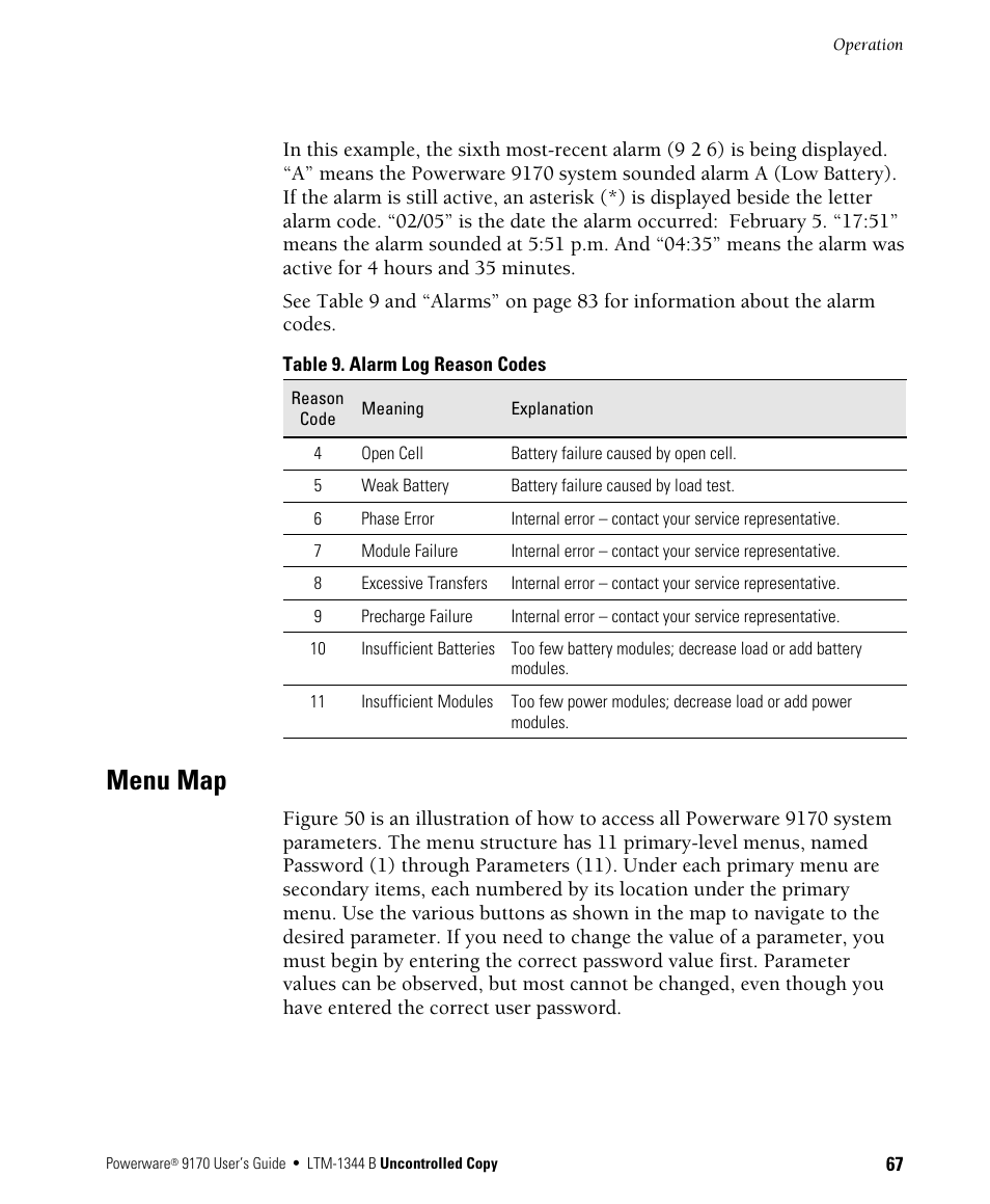 Menu map | Powerware 9170+ User Manual | Page 71 / 94