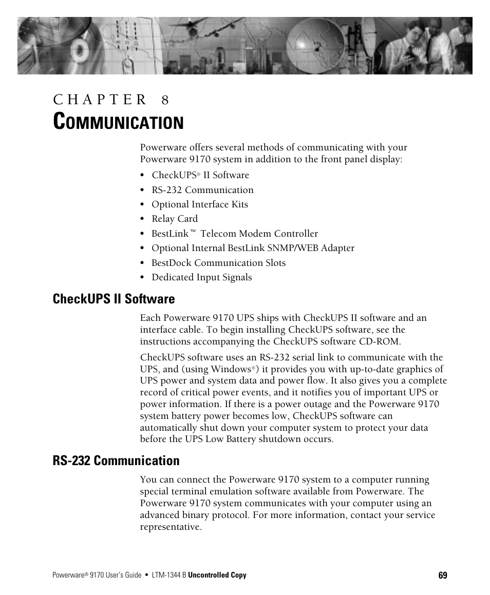 Ommunication, Checkups ii software, Rs-232 communication | Powerware 9170+ User Manual | Page 73 / 94