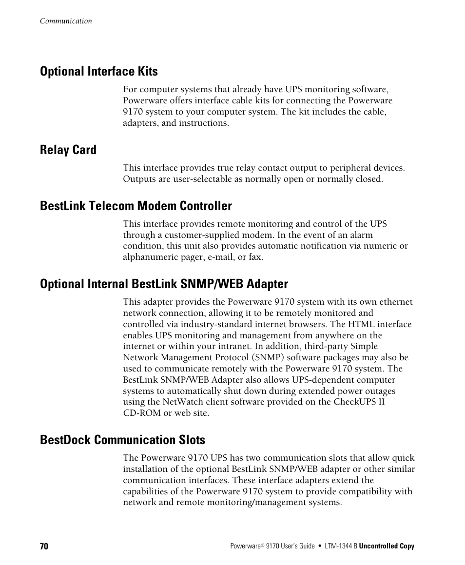Optional interface kits, Relay card, Bestlink telecom modem controller | Optional internal bestlink snmp/web adapter, Bestdock communication slots | Powerware 9170+ User Manual | Page 74 / 94