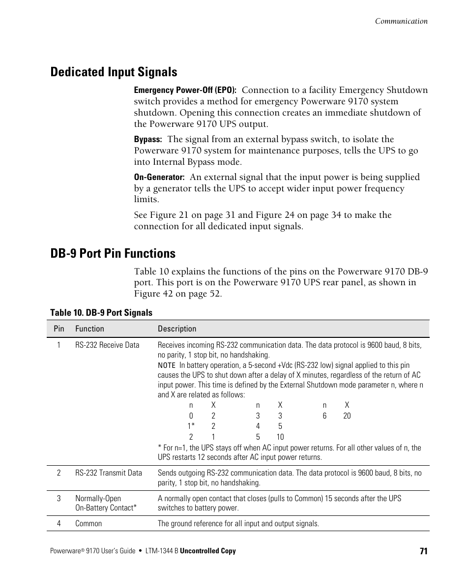 Dedicated input signals, Db-9 port pin functions | Powerware 9170+ User Manual | Page 75 / 94