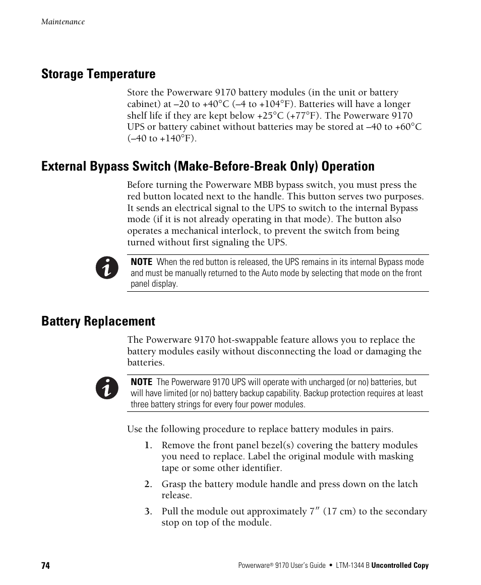 Storage temperature, Battery replacement | Powerware 9170+ User Manual | Page 78 / 94