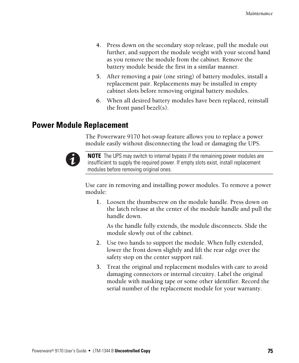 Power module replacement | Powerware 9170+ User Manual | Page 79 / 94