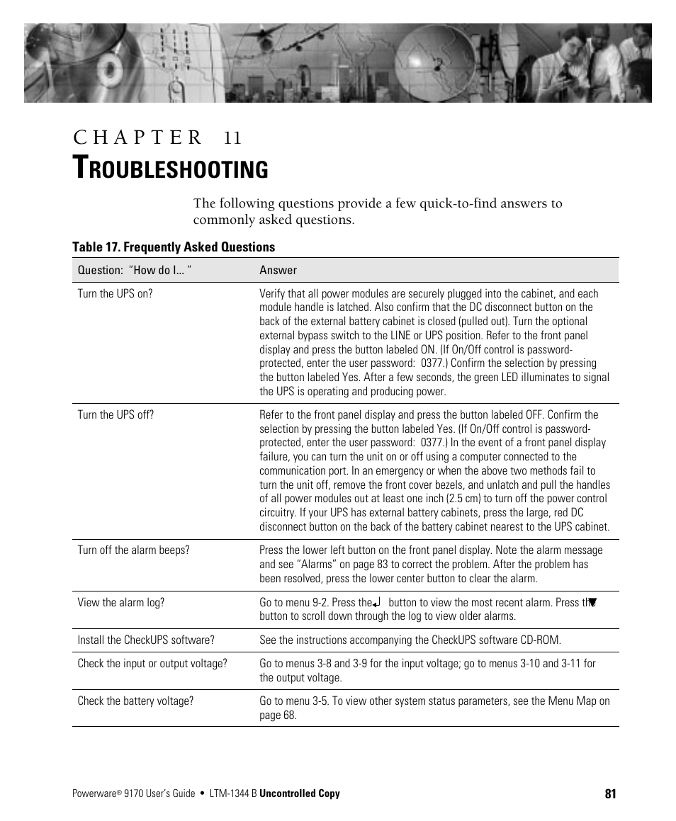 Roubleshooting | Powerware 9170+ User Manual | Page 85 / 94