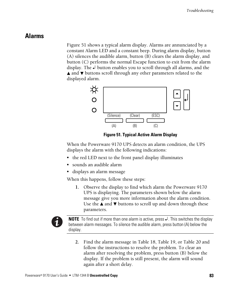 Alarms | Powerware 9170+ User Manual | Page 87 / 94