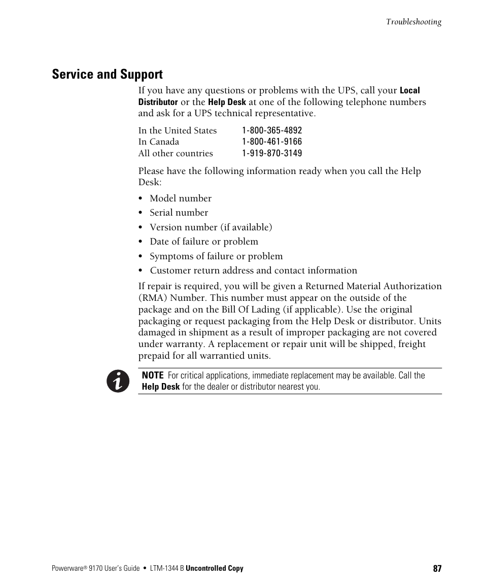 Service and support | Powerware 9170+ User Manual | Page 91 / 94