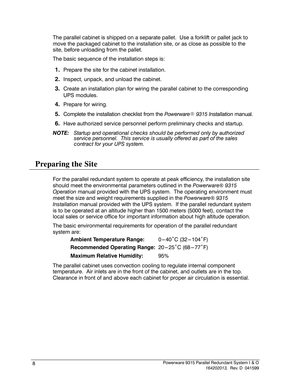 Preparing the site | Powerware 9315 User Manual | Page 14 / 54