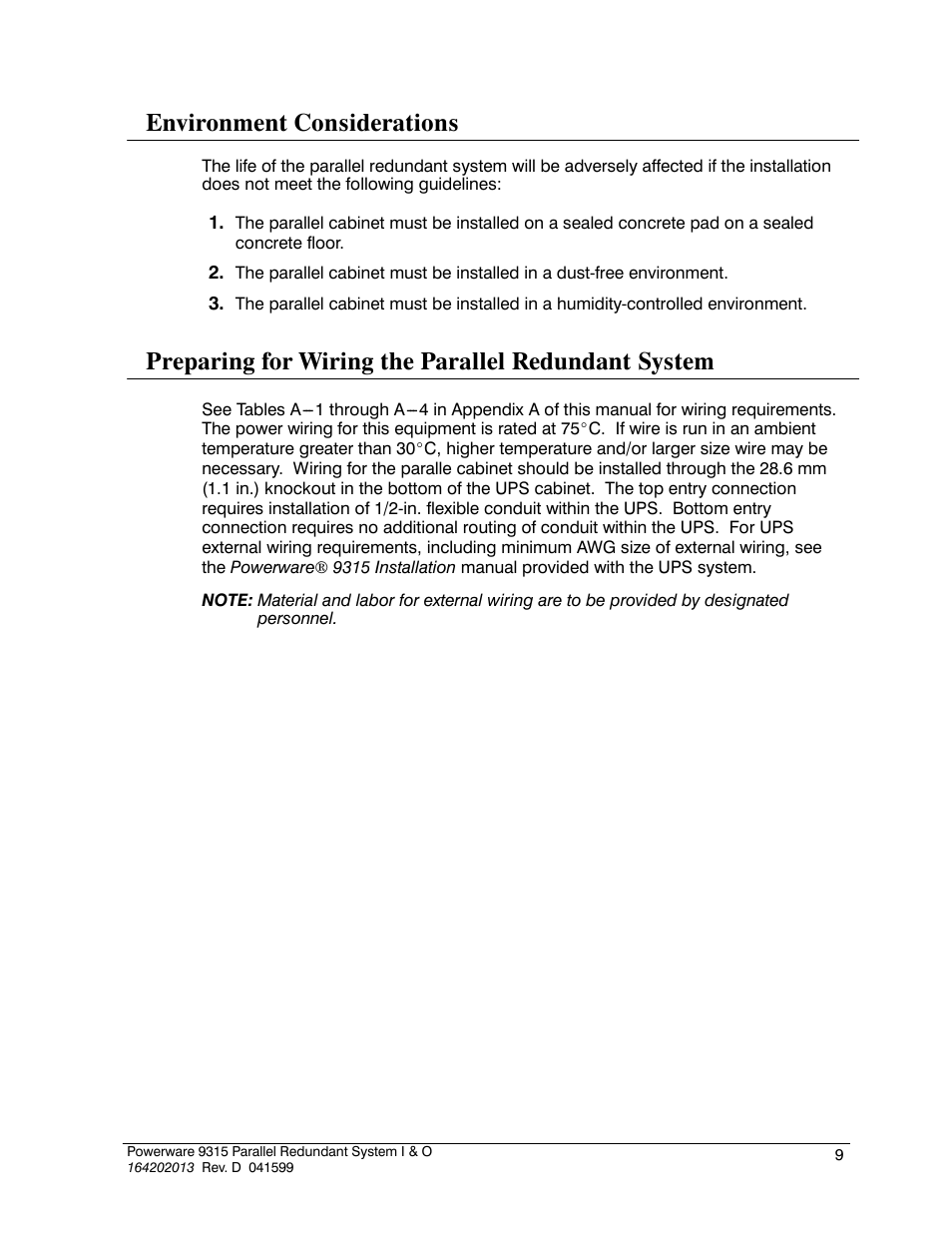 Environment considerations, Preparing for wiring the parallel redundant system | Powerware 9315 User Manual | Page 15 / 54