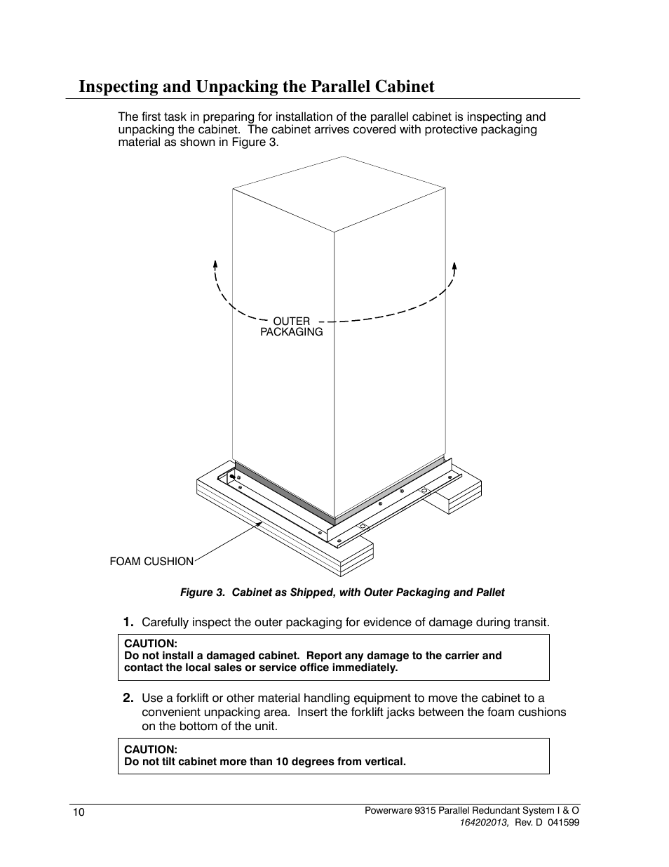 Inspecting and unpacking the parallel cabinet | Powerware 9315 User Manual | Page 16 / 54