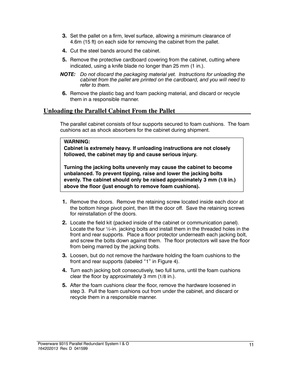 Unloading the parallel cabinet from the pallet | Powerware 9315 User Manual | Page 17 / 54