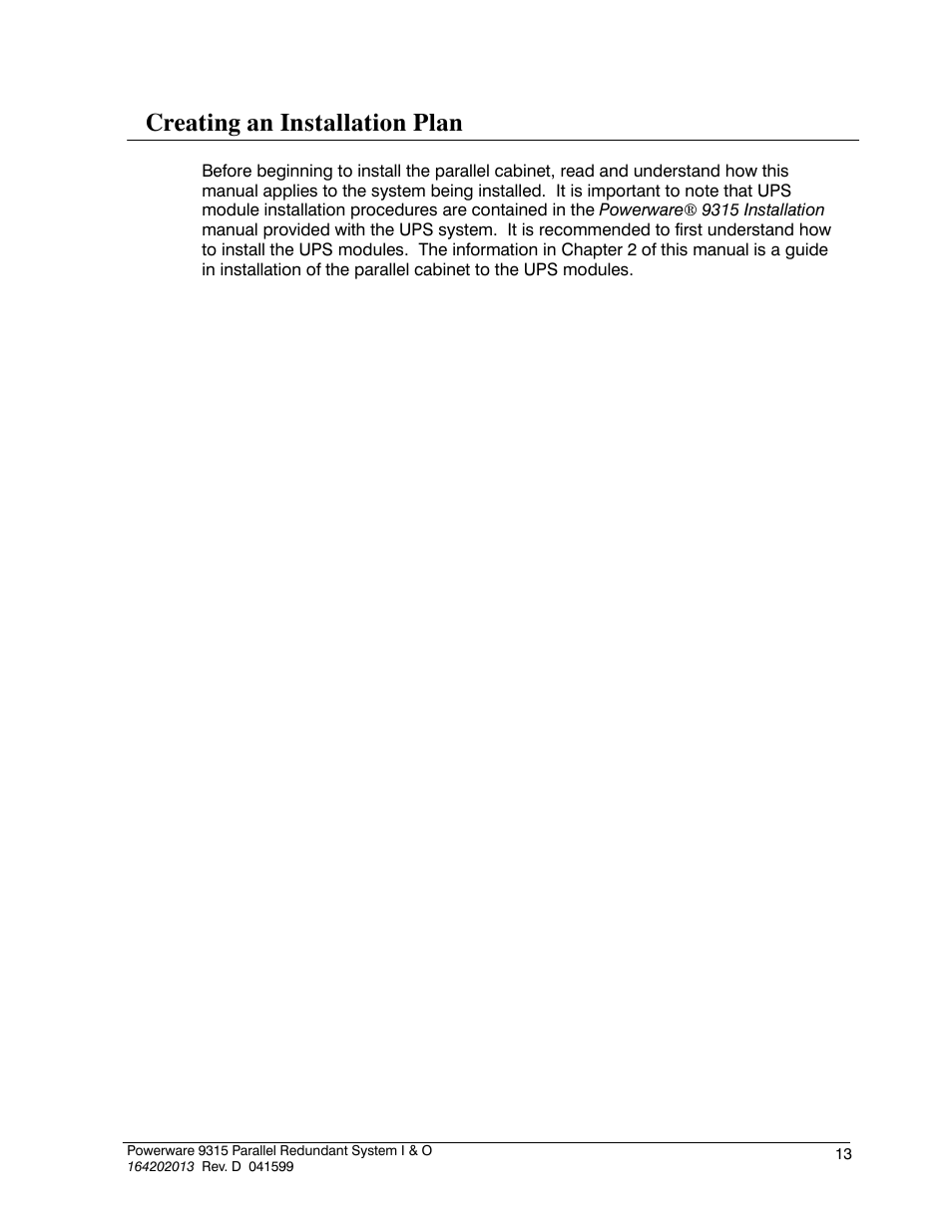 Creating an installation plan | Powerware 9315 User Manual | Page 19 / 54
