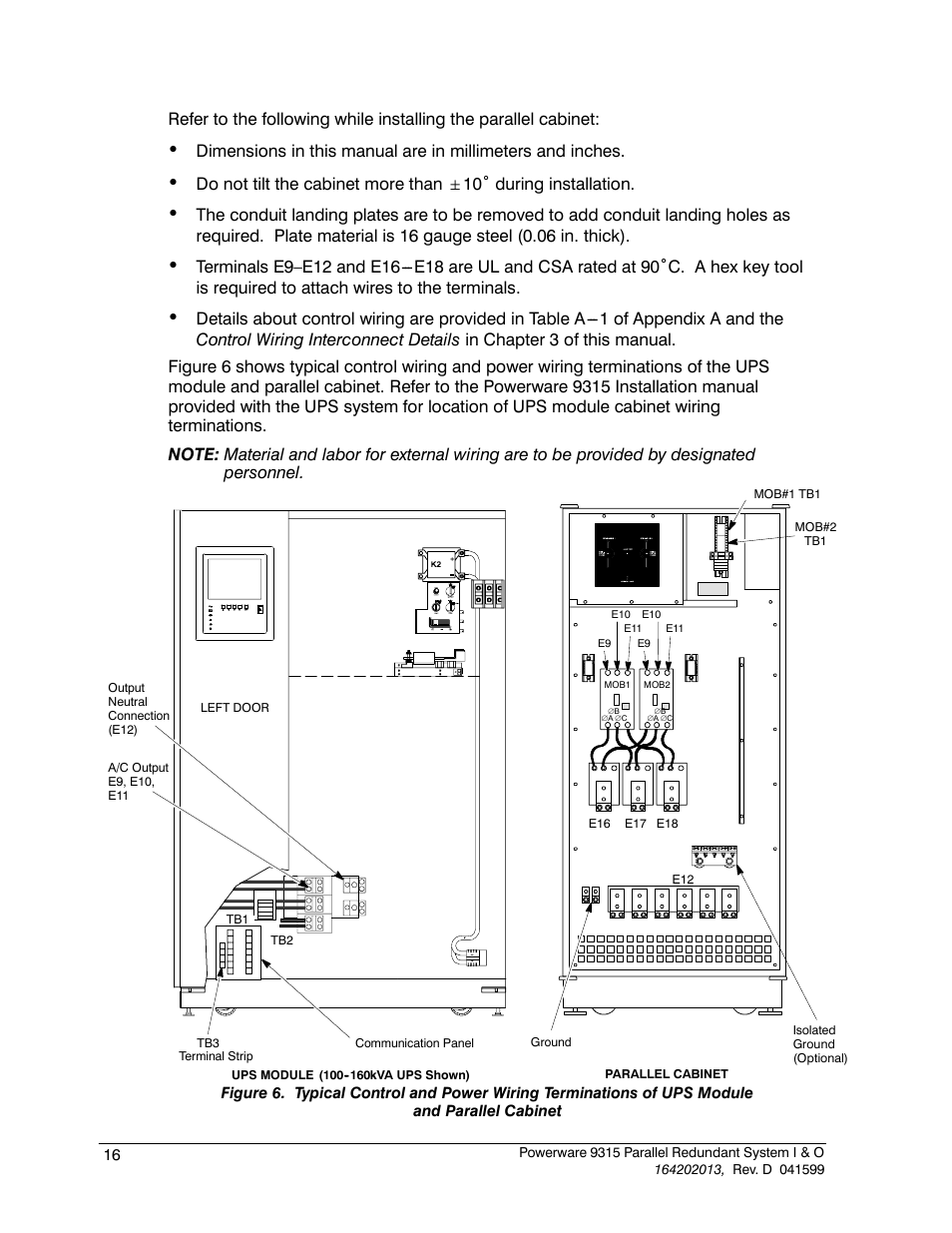 Do not tilt the cabinet more than, 10˚ during installation | Powerware 9315 User Manual | Page 22 / 54