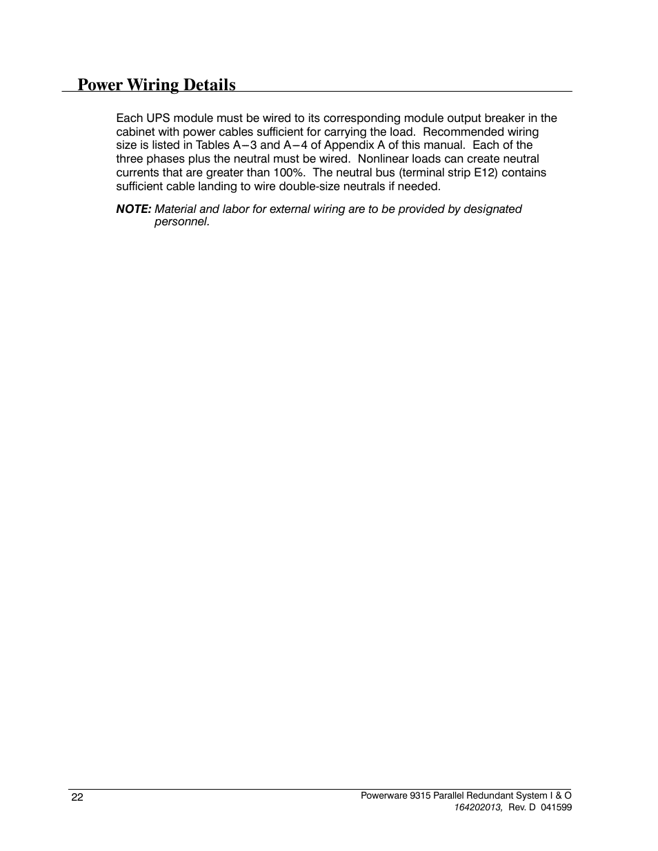 Power wiring details | Powerware 9315 User Manual | Page 28 / 54