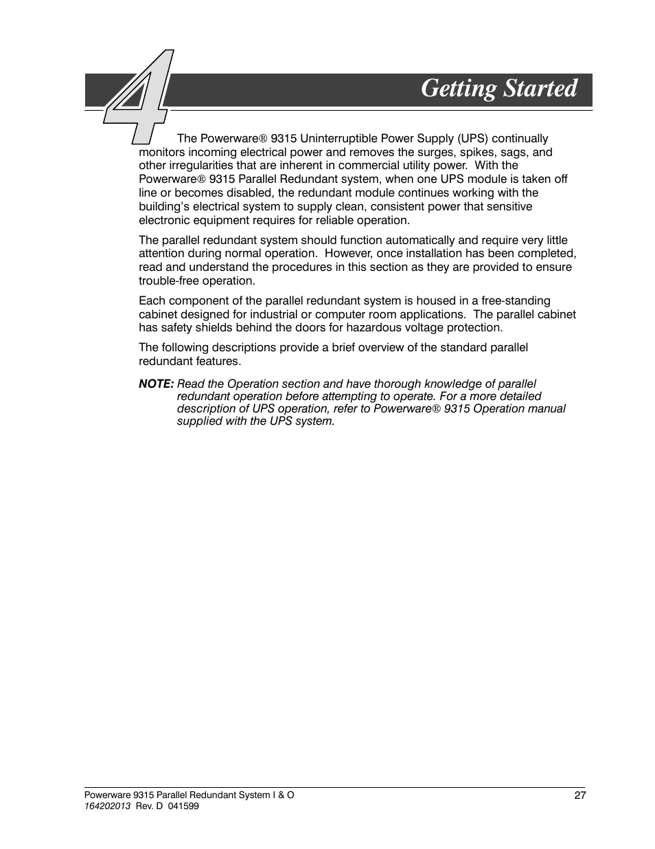 Chapter 4 getting started, Getting started | Powerware 9315 User Manual | Page 33 / 54