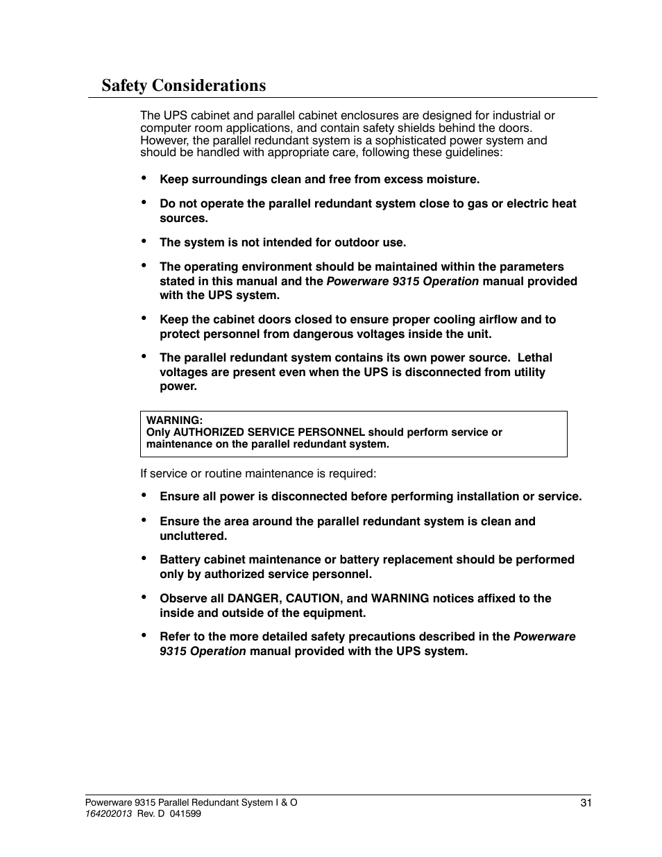 Safety considerations | Powerware 9315 User Manual | Page 37 / 54