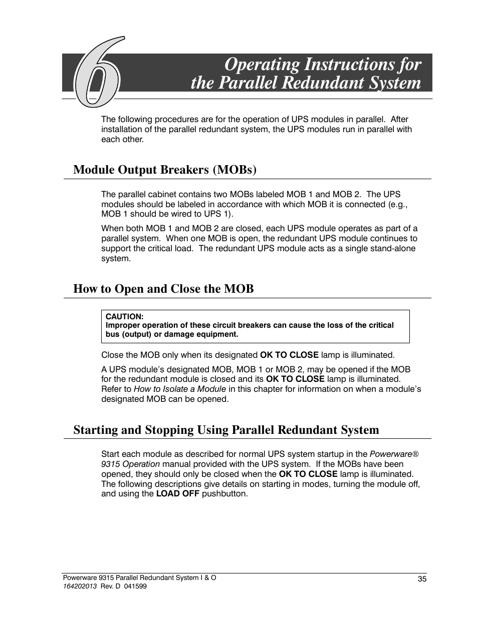 Module output breakers (mobs), How to open and close the mob | Powerware 9315 User Manual | Page 41 / 54