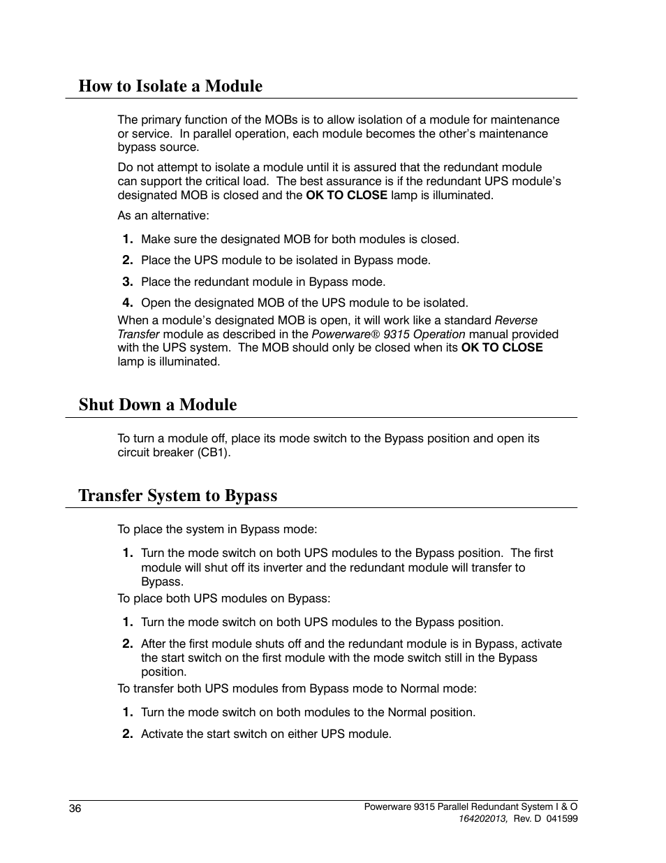 How to isolate a module, Shut down a module, Transfer system to bypass | Powerware 9315 User Manual | Page 42 / 54