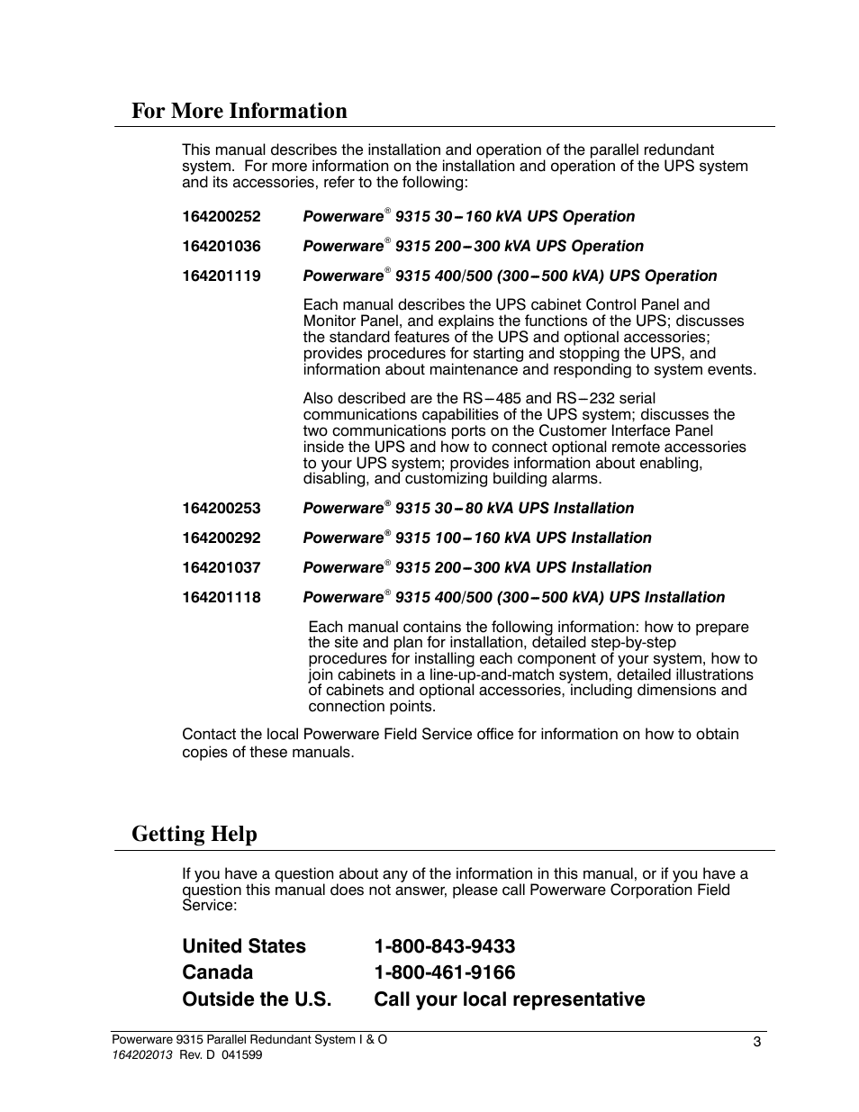 For more information, Getting help | Powerware 9315 User Manual | Page 9 / 54