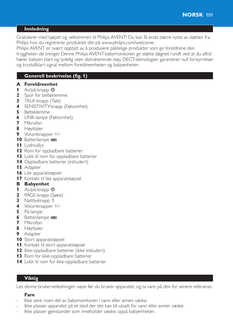 Norsk, Norsk 101 | Philips AVENT SCD510 User Manual | Page 101 / 148