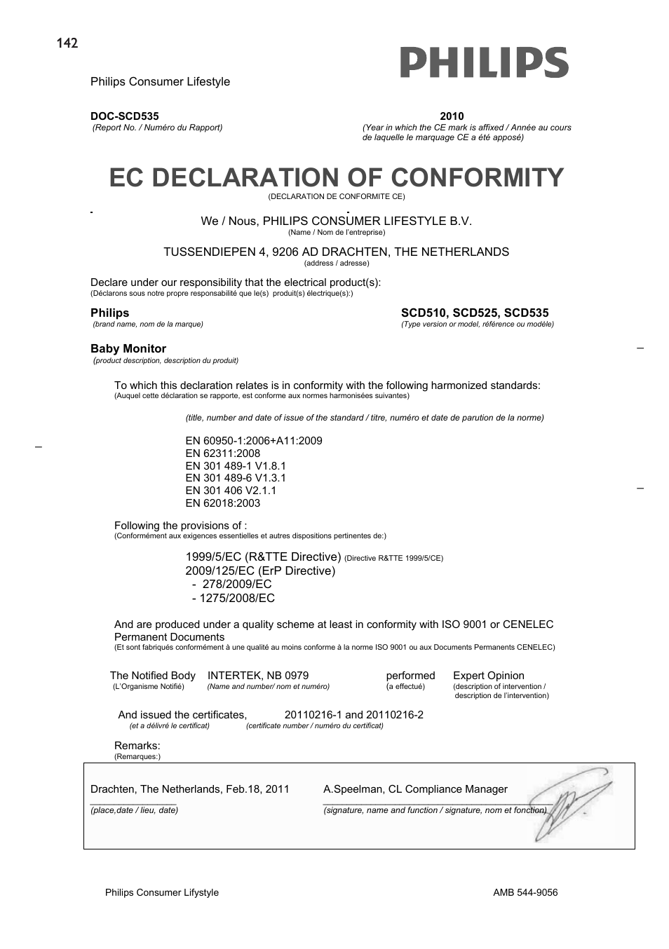 Ec declaration of conformity | Philips AVENT SCD510 User Manual | Page 142 / 148