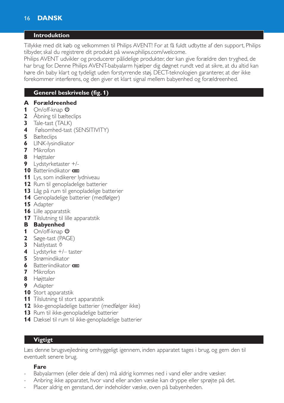 Dansk, Dansk 16 | Philips AVENT SCD510 User Manual | Page 16 / 148