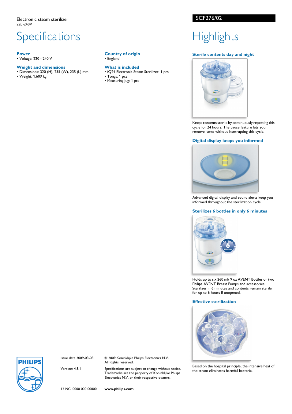 Specifications, Highlights | Philips AVENT SCF276/02 User Manual | Page 2 / 2