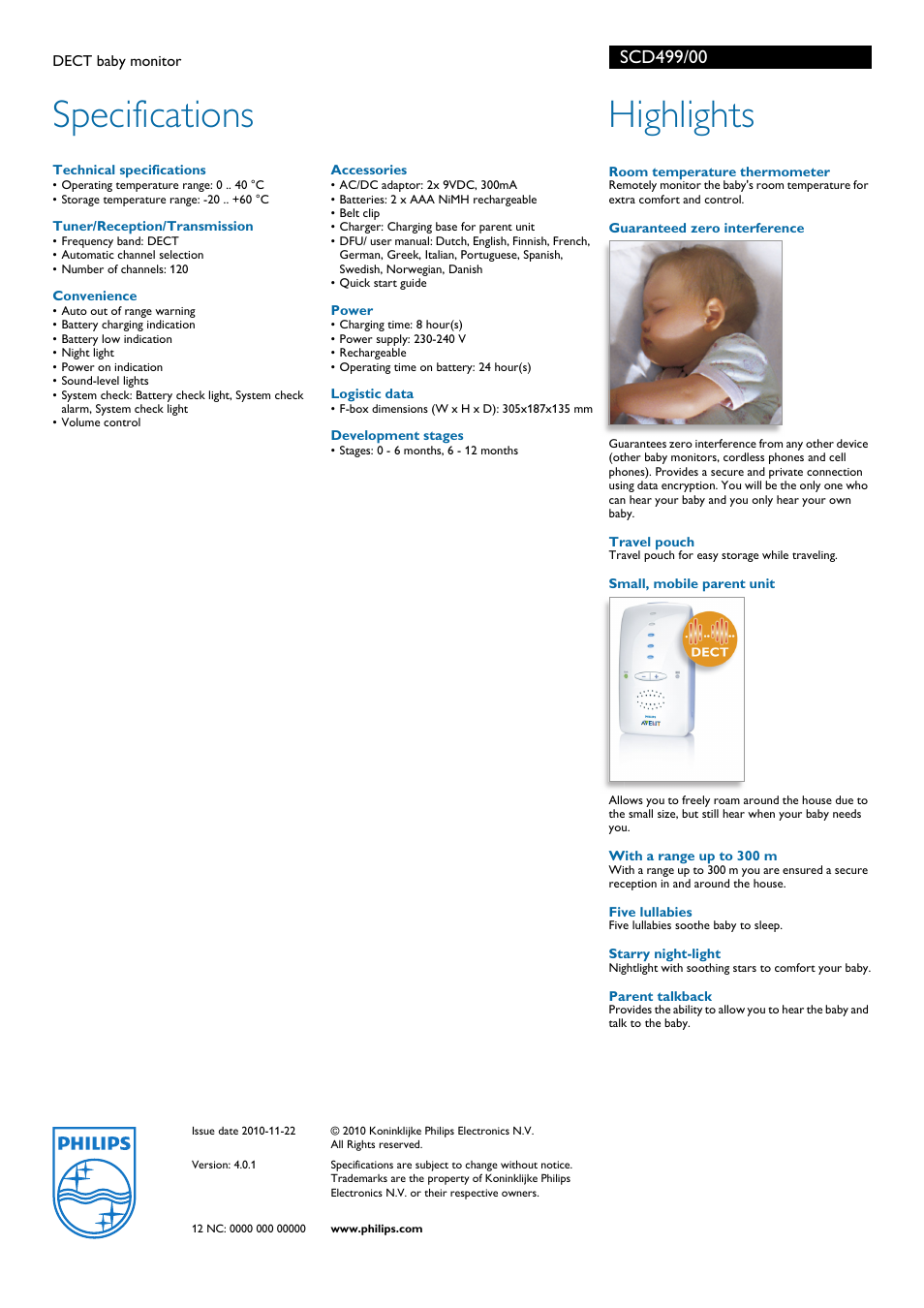 Specifications, Highlights | Philips AVENT SCD499/00 User Manual | Page 2 / 2