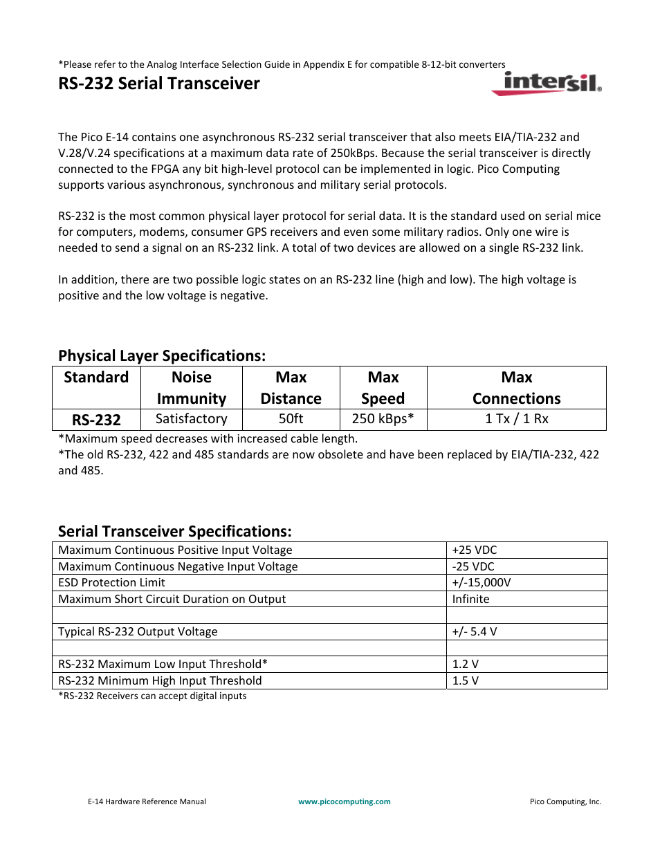 Rs‐232 serial transceiver, Serial transceiver specifications | Pico Communications E-14 User Manual | Page 14 / 37