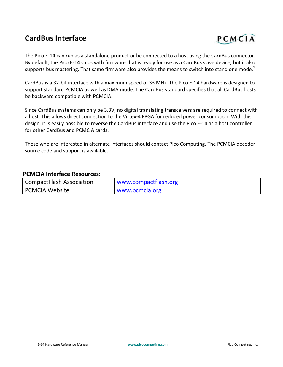 Cardbus interface | Pico Communications E-14 User Manual | Page 16 / 37