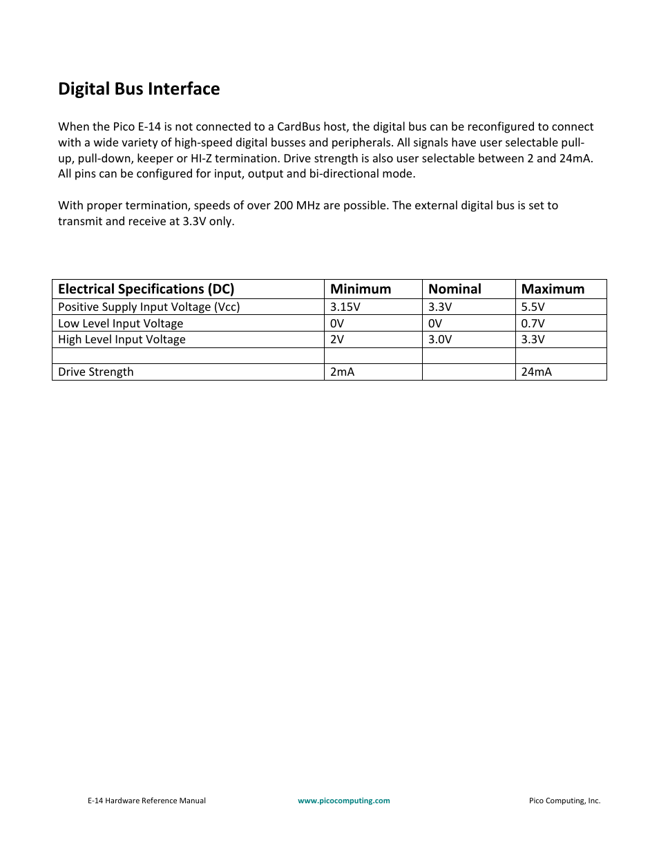 Digital bus interface | Pico Communications E-14 User Manual | Page 17 / 37