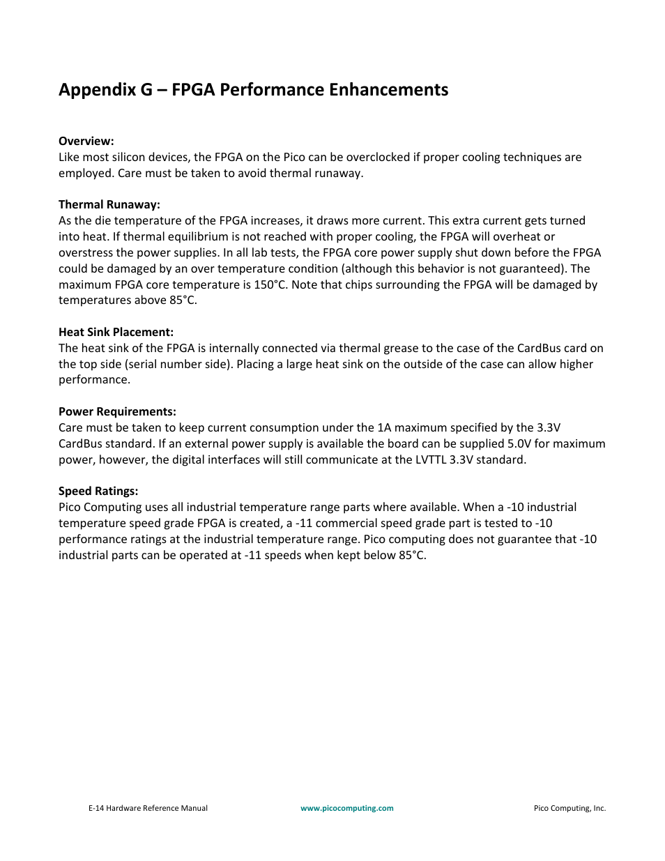 Appendix g – fpga performance enhancements | Pico Communications E-14 User Manual | Page 34 / 37