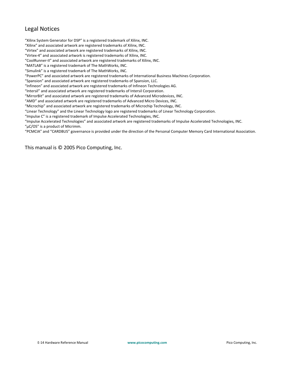Legal notices | Pico Communications E-14 User Manual | Page 37 / 37