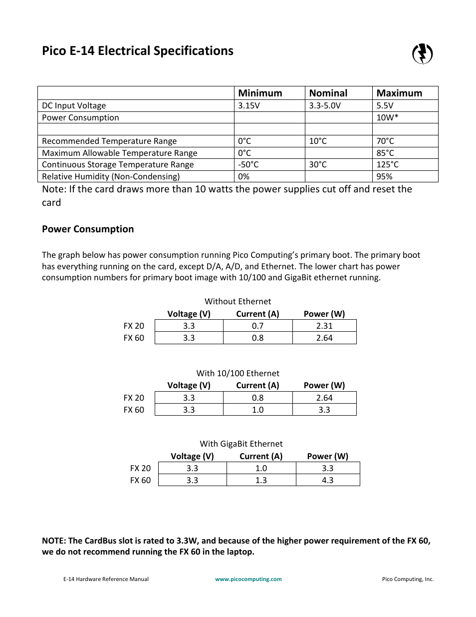 Pico e‐14 electrical specifications | Pico Communications E-14 User Manual | Page 5 / 37