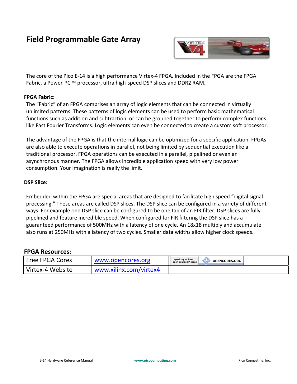 Field programmable gate array | Pico Communications E-14 User Manual | Page 7 / 37