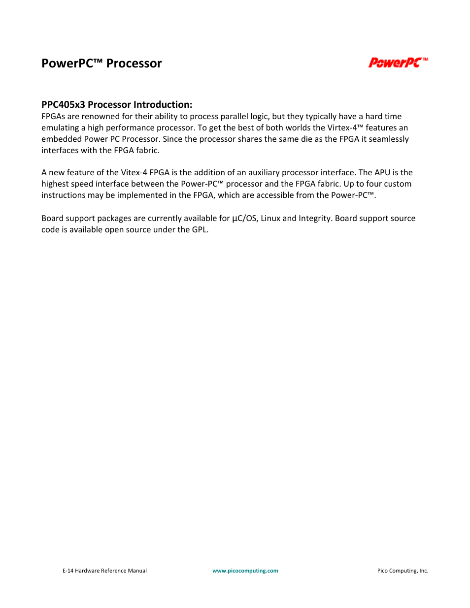 Powerpc™ processor, Ppc405x3 processor introduction | Pico Communications E-14 User Manual | Page 8 / 37