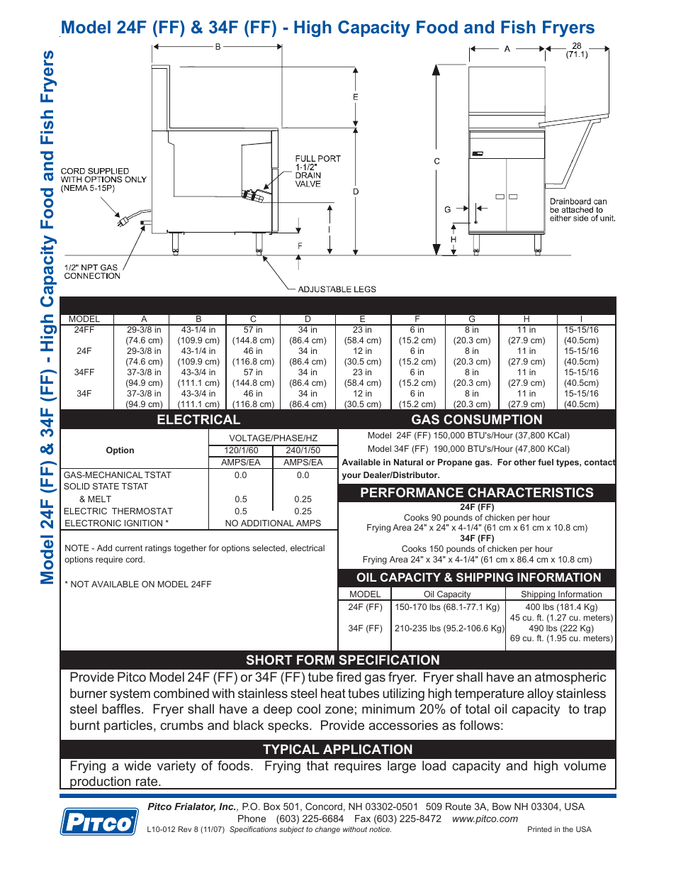 Dimensions, Gas consumption, Electrical | Performance characteristics, Oil capacity & shipping information | Pitco Frialator High Capacity Food and Fish Fryers 24F (FF) User Manual | Page 2 / 2