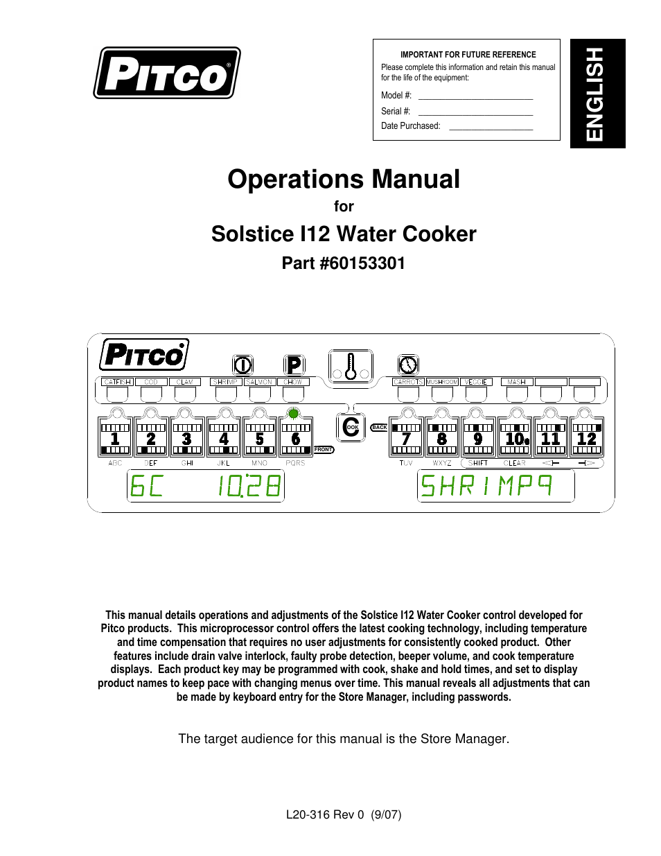 Pitco Frialator Solstice I12 Water Cooker (Operations Manual) User Manual | 12 pages