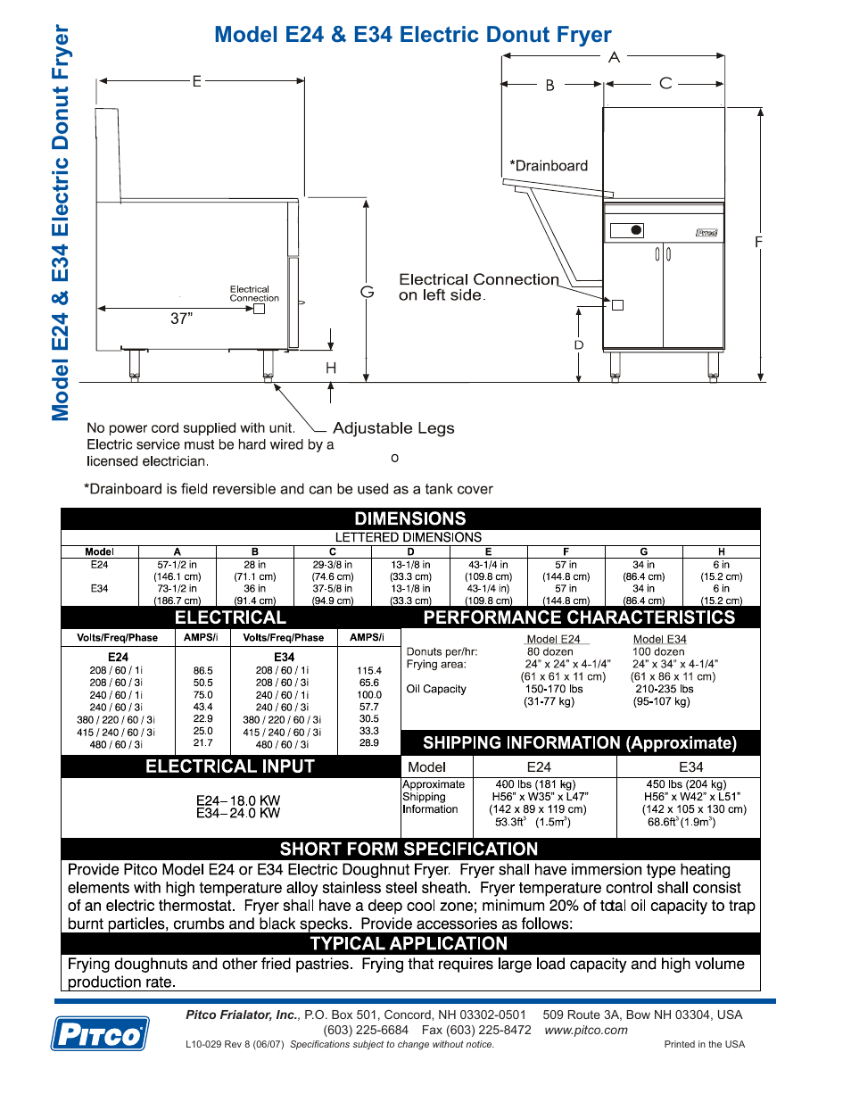 Model e24 & e34 electric donut fryer | Pitco Frialator E24 User Manual | Page 2 / 2