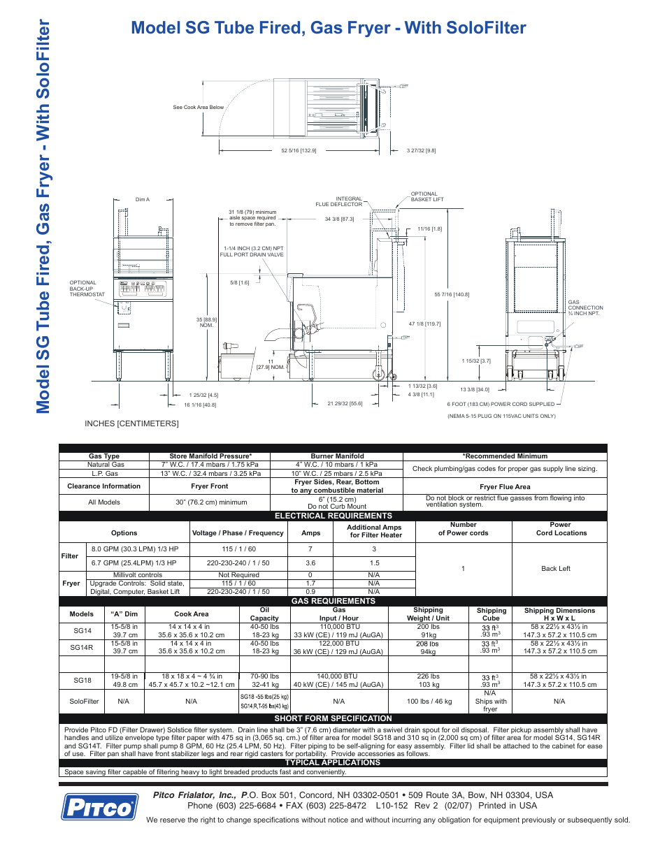 Model sg tube fired, gas fryer - with solofilter | Pitco Frialator SG14 User Manual | Page 2 / 2