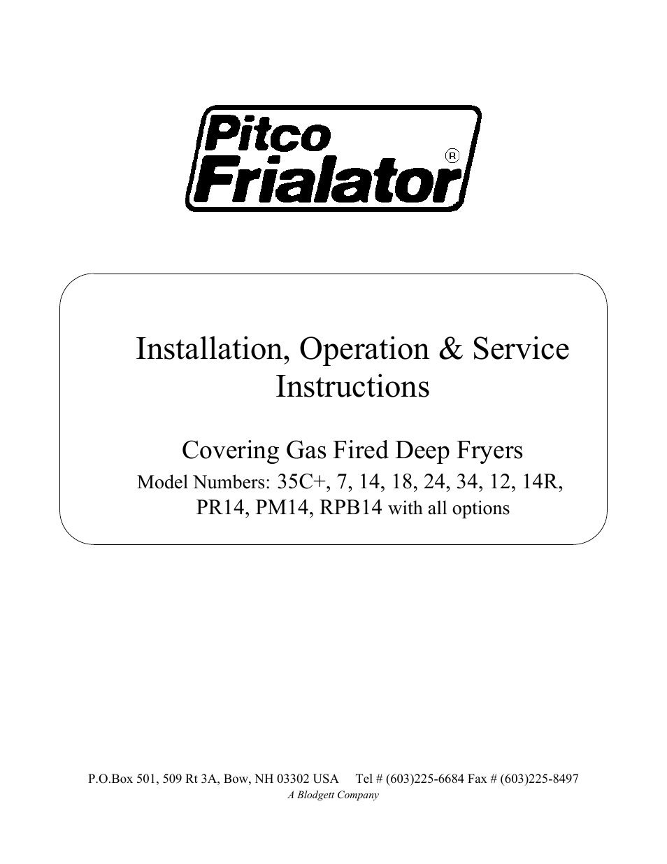 Pitco Frialator RPB14 User Manual | 18 pages