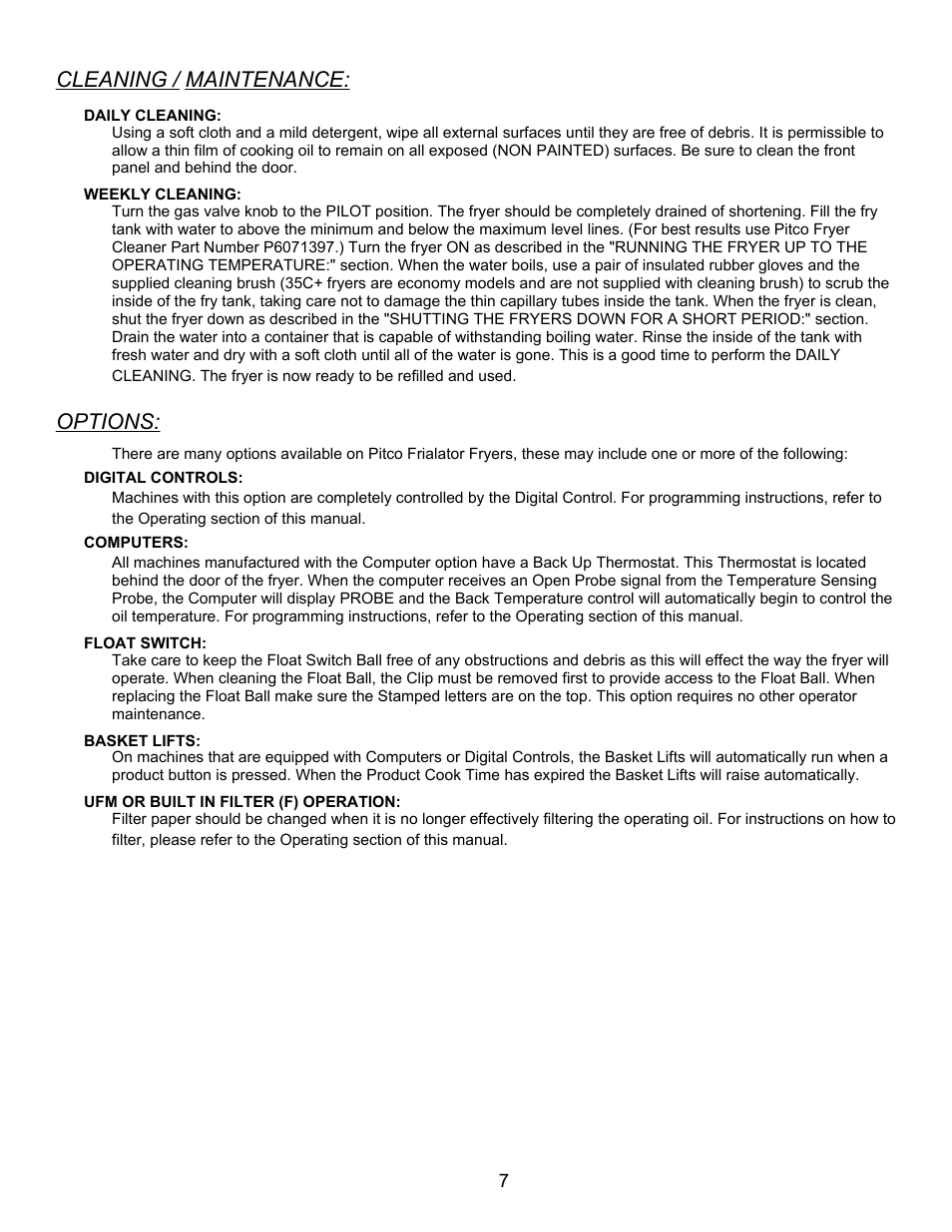 Cleaning / maintenance, Options | Pitco Frialator RPB14 User Manual | Page 11 / 18